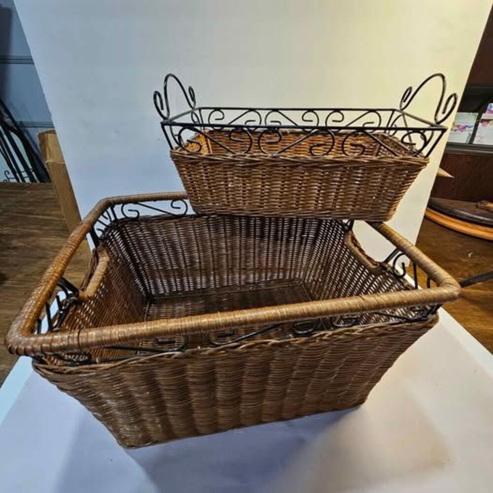 Set of 2 Wicker and Metal Nesting Baskets